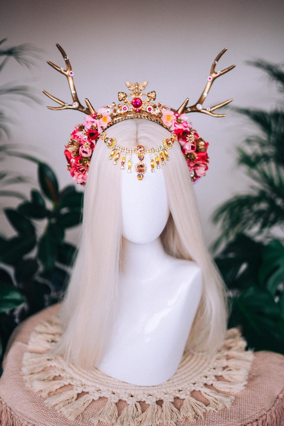 Deer flower crown with stones, Flower crown with antlers, Gold boho crown, Deer costume Halloween, Reindeer crown, Fairy crown, Elf tiara