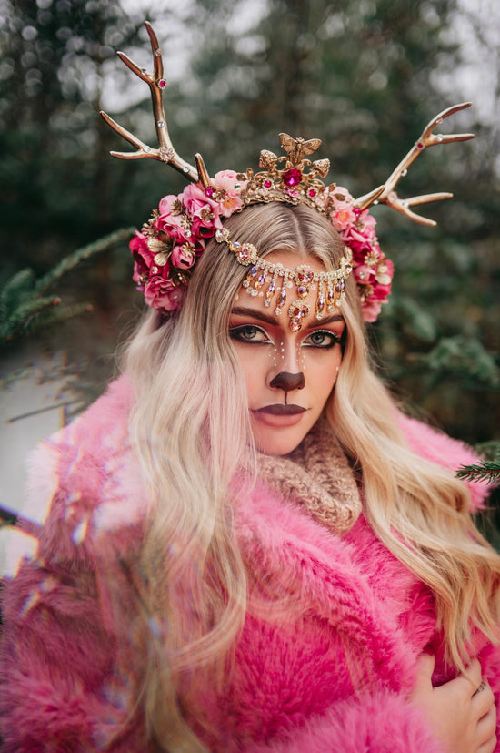 Deer flower crown with stones, Flower crown with antlers, Gold boho crown, Deer costume Halloween, Reindeer crown, Fairy crown, Elf tiara