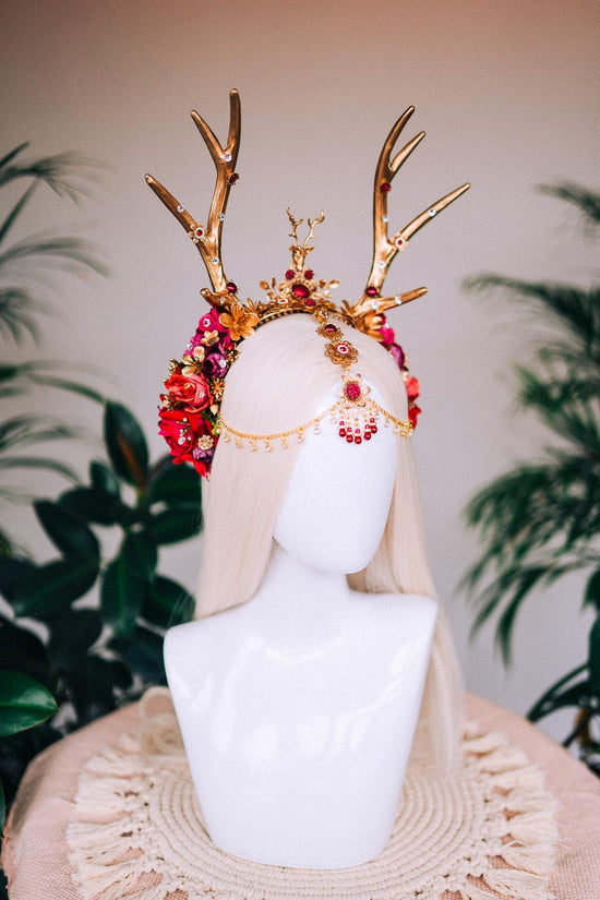 Burgundy deer flower crown, Flower crown with antlers, Gold boho crown, Deer costume Halloween, Reindeer crown, Fairy crown, Elf tiara