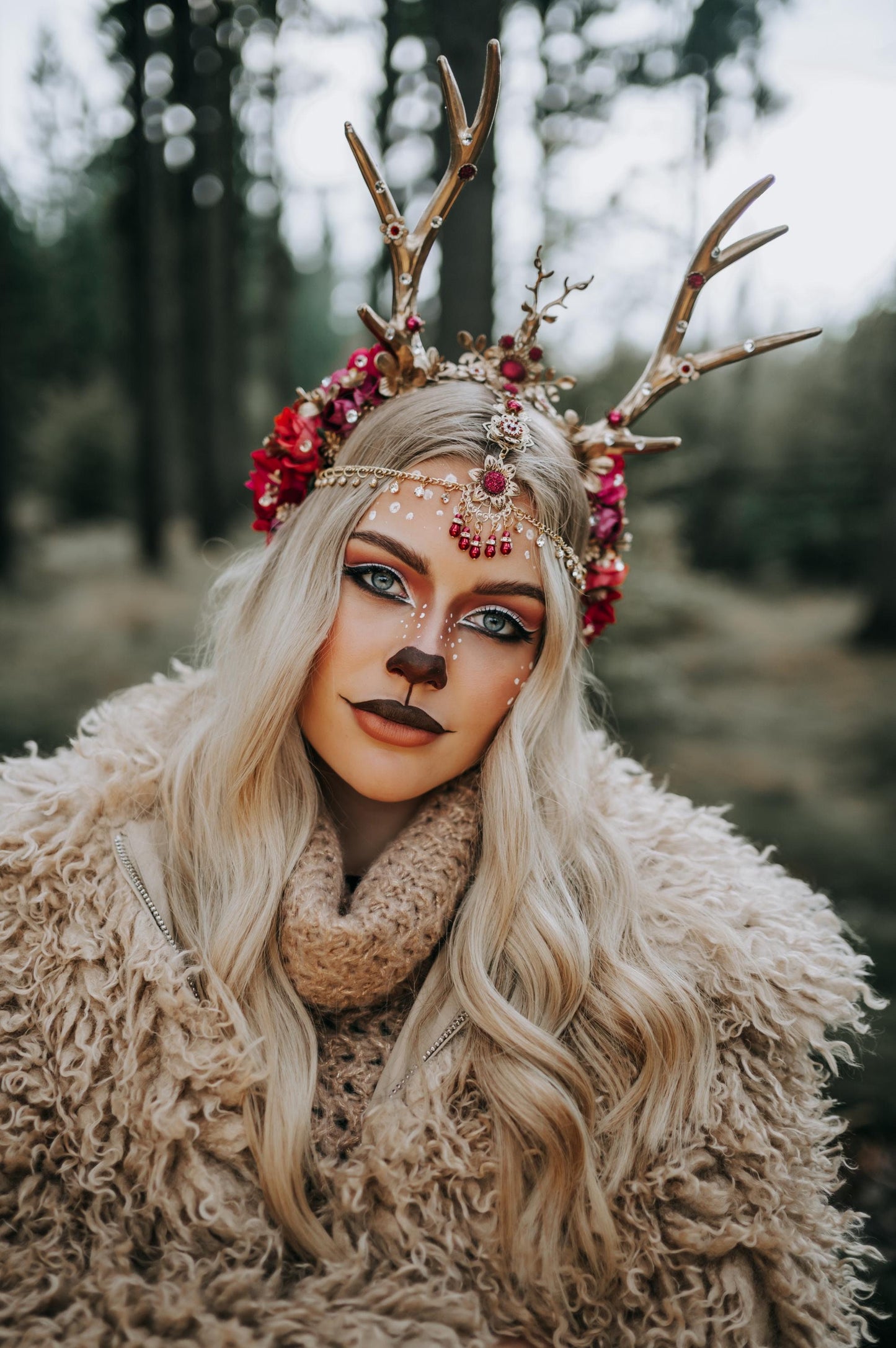 Cute burgundy flower crown with gold antlers