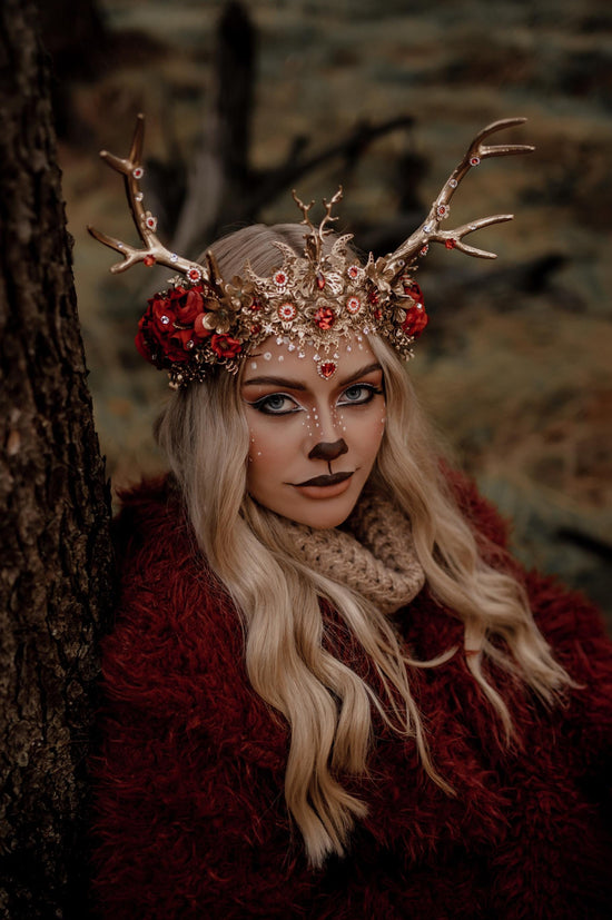 Red deer flower crown, Flower crown with antlers, Gold boho crown, Deer costume Halloween, Reindeer crown, Fairy crown, Elf tiara