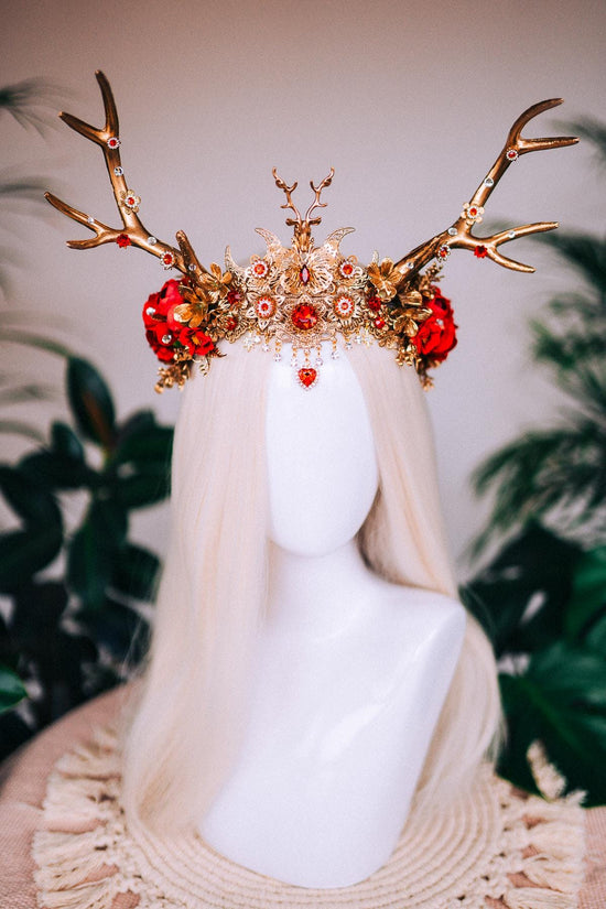 Red deer flower crown, Flower crown with antlers, Gold boho crown, Deer costume Halloween, Reindeer crown, Fairy crown, Elf tiara