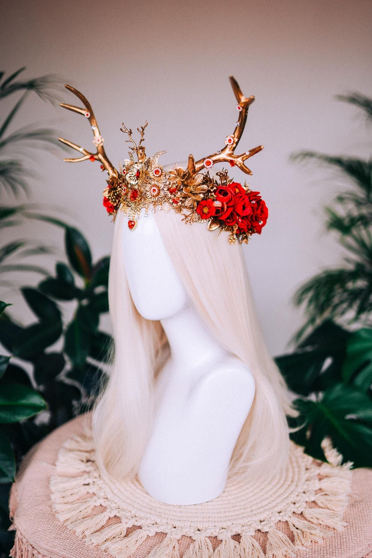 Red deer flower crown, Flower crown with antlers, Gold boho crown, Deer costume Halloween, Reindeer crown, Fairy crown, Elf tiara