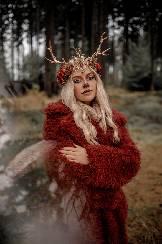 Red deer flower crown, Flower crown with antlers, Gold boho crown, Deer costume Halloween, Reindeer crown, Fairy crown, Elf tiara