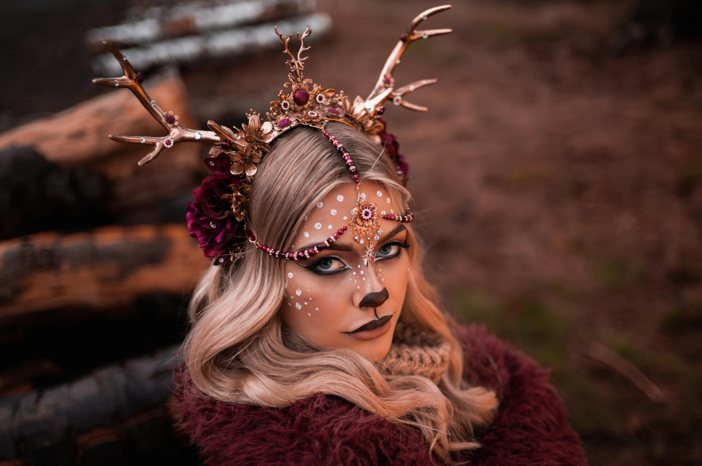 Burgundy deer flower crown, Flower crown with antlers, Gold boho crown, Deer costume Halloween, Reindeer crown, Fairy crown, Elf tiara