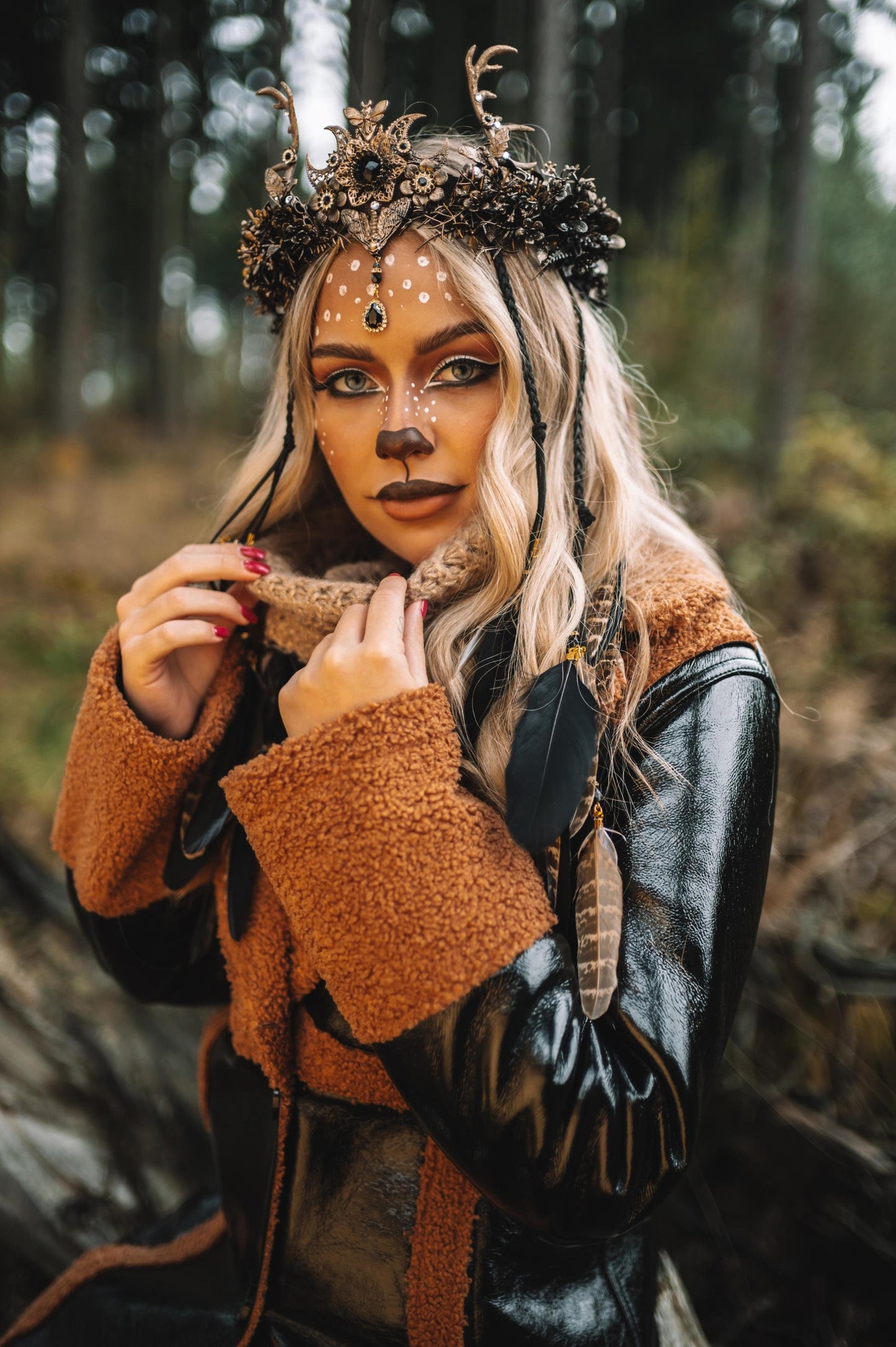 Black deer flower crown with feathers