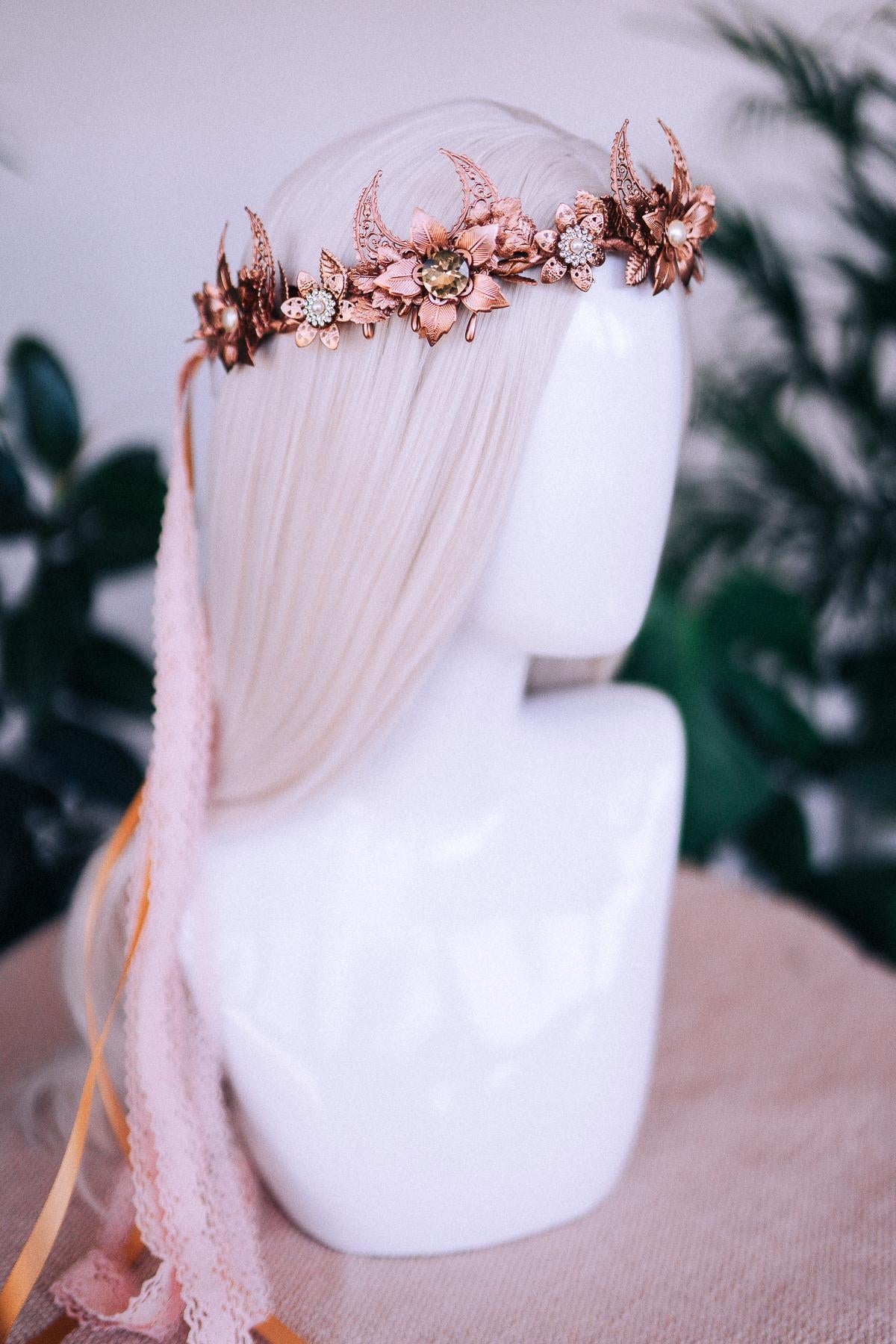 Rose gold moon crown, Flower crown, Elf Crown, Elven tiara, Fairy Crown, Flower Crown, Wedding Tiara, Bridal headpiece, Flower hair wreath