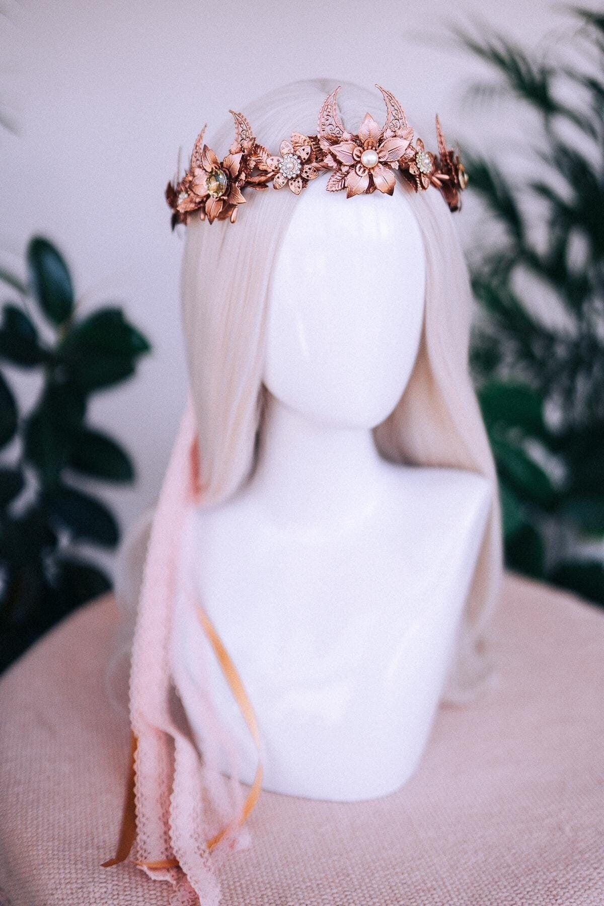 Rose gold moon crown, Flower crown, Elf Crown, Elven tiara, Fairy Crown, Flower Crown, Wedding Tiara, Bridal headpiece, Flower hair wreath