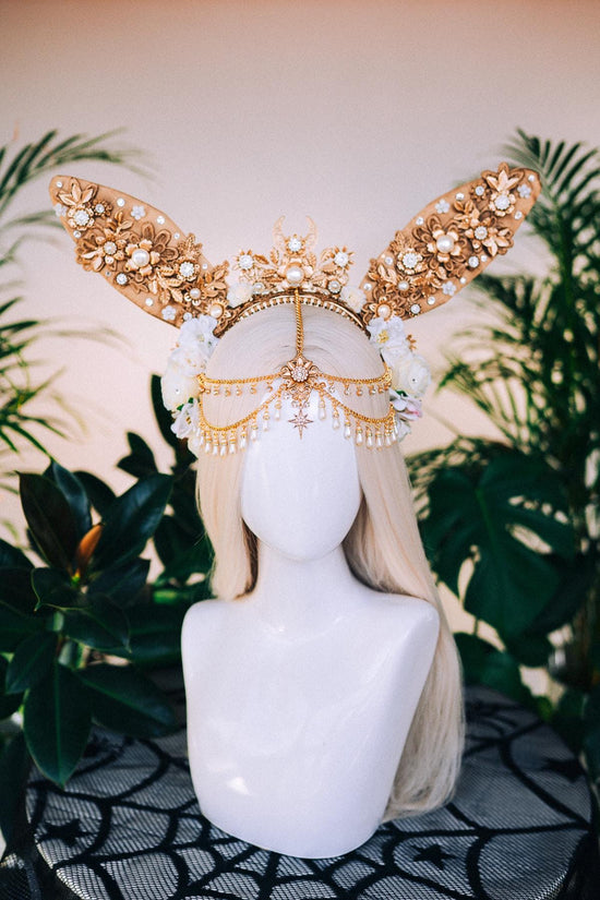 Gold bunny crown, Halloween Costume, Rabbit costume, Carnival, Mardi gras, Cosplay, Halloween, Bunny Halloween costume, Gold flower crown