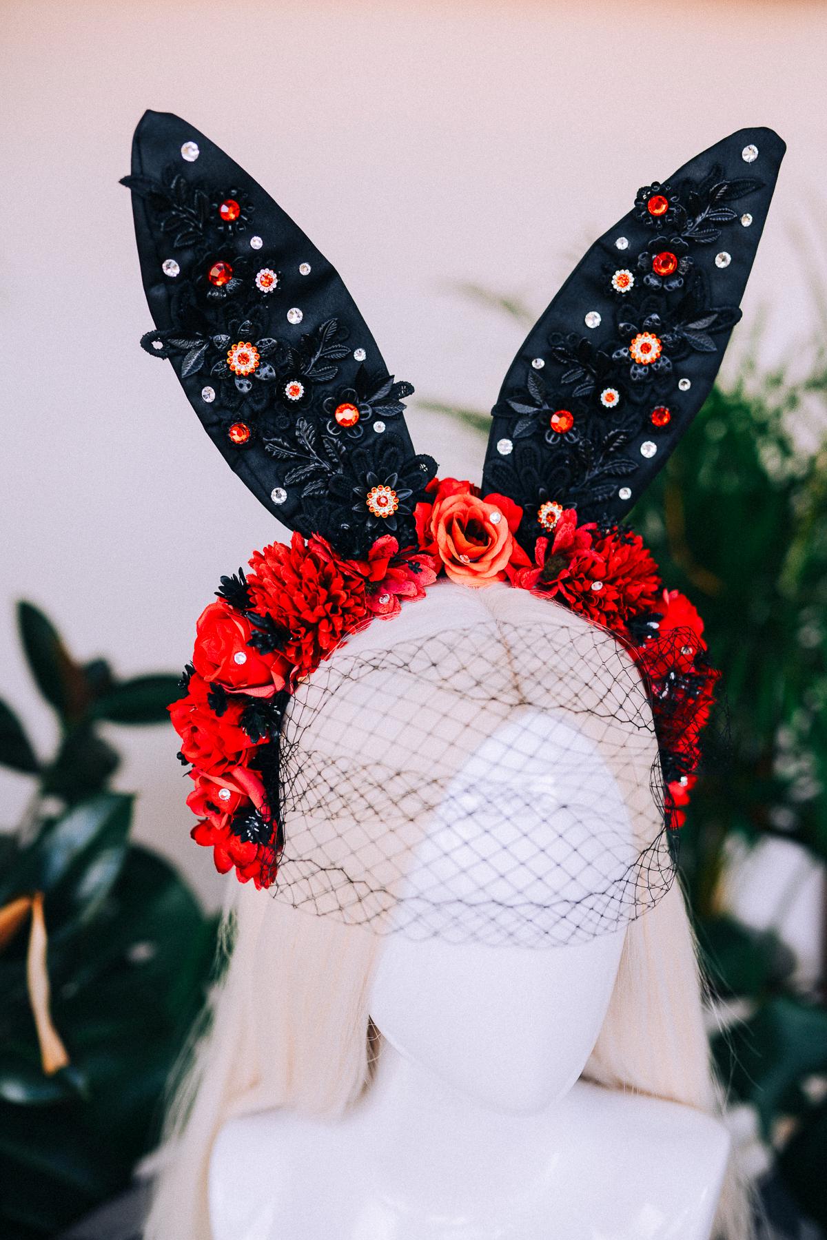 Black bunny crown, Halloween Costume, Rabbit costume, Carnival, Mardi gras, Cosplay, Halloween, Bunny Halloween costume, Red flower crown