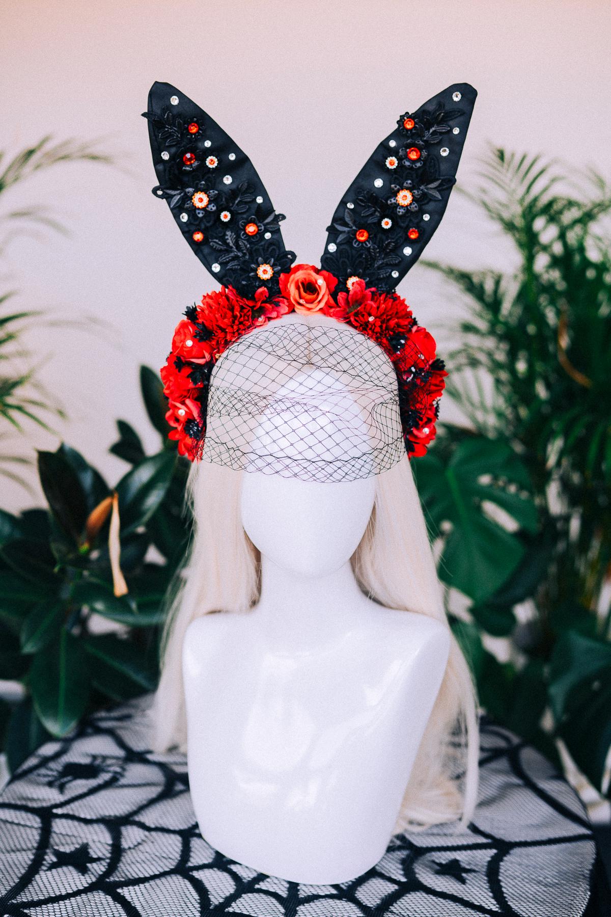 Black bunny crown, Halloween Costume, Rabbit costume, Carnival, Mardi gras, Cosplay, Halloween, Bunny Halloween costume, Red flower crown