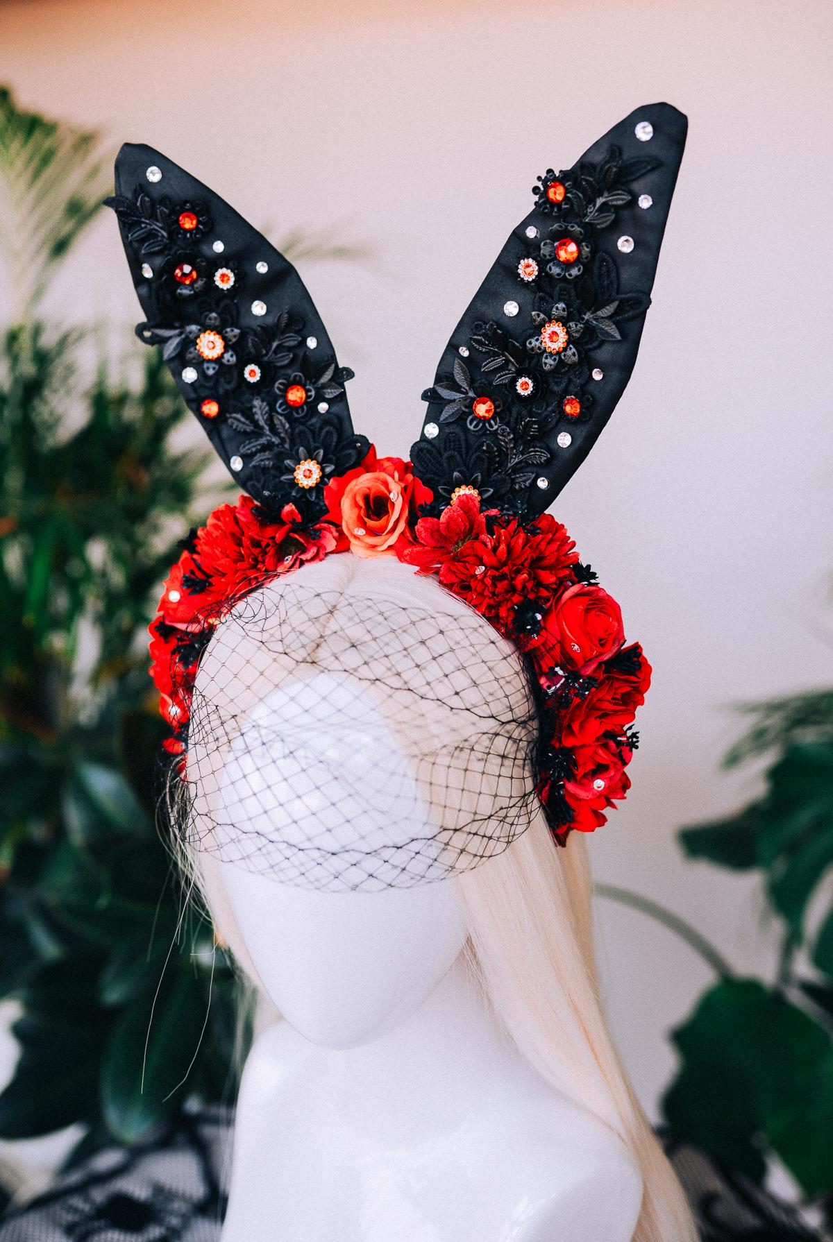 Black bunny crown, Halloween Costume, Rabbit costume, Carnival, Mardi gras, Cosplay, Halloween, Bunny Halloween costume, Red flower crown