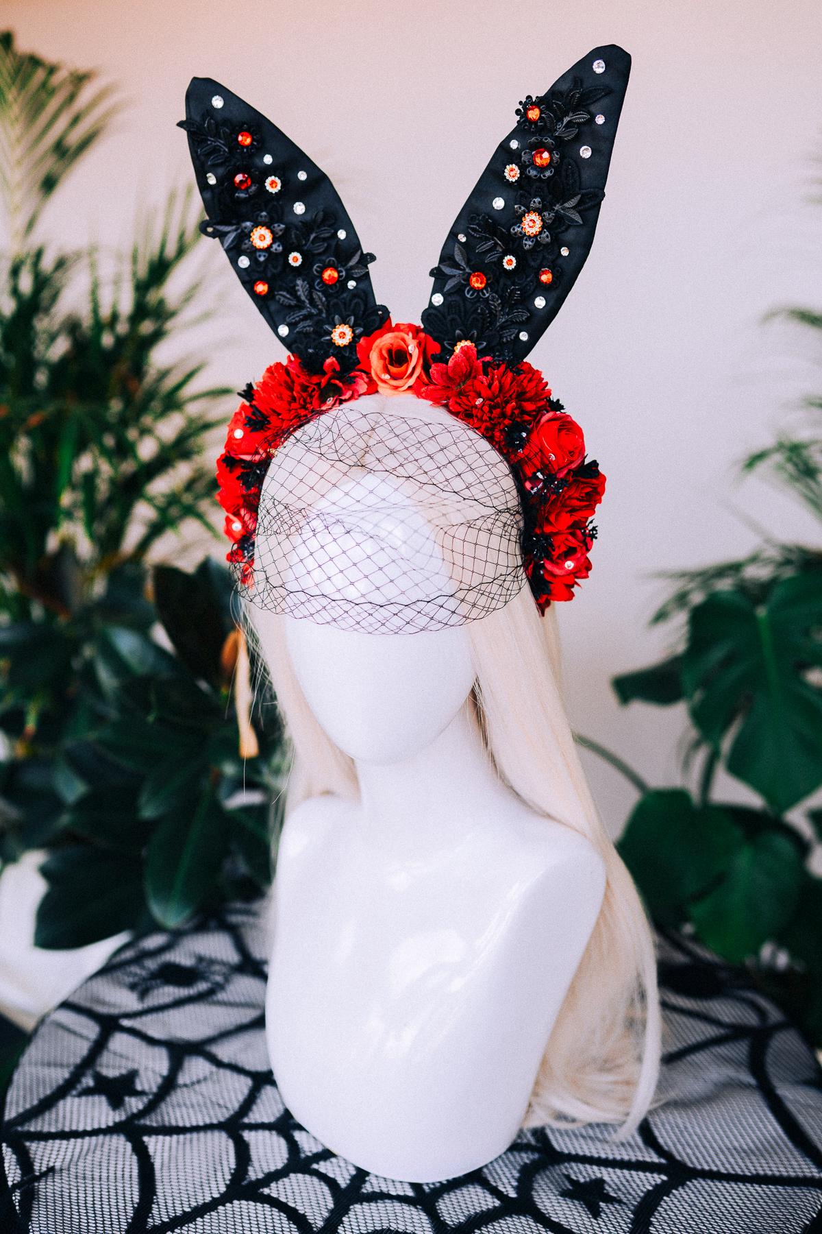 Black bunny crown, Halloween Costume, Rabbit costume, Carnival, Mardi gras, Cosplay, Halloween, Bunny Halloween costume, Red flower crown