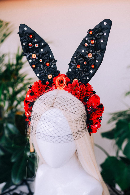 Black bunny crown, Halloween Costume, Rabbit costume, Carnival, Mardi gras, Cosplay, Halloween, Bunny Halloween costume, Red flower crown