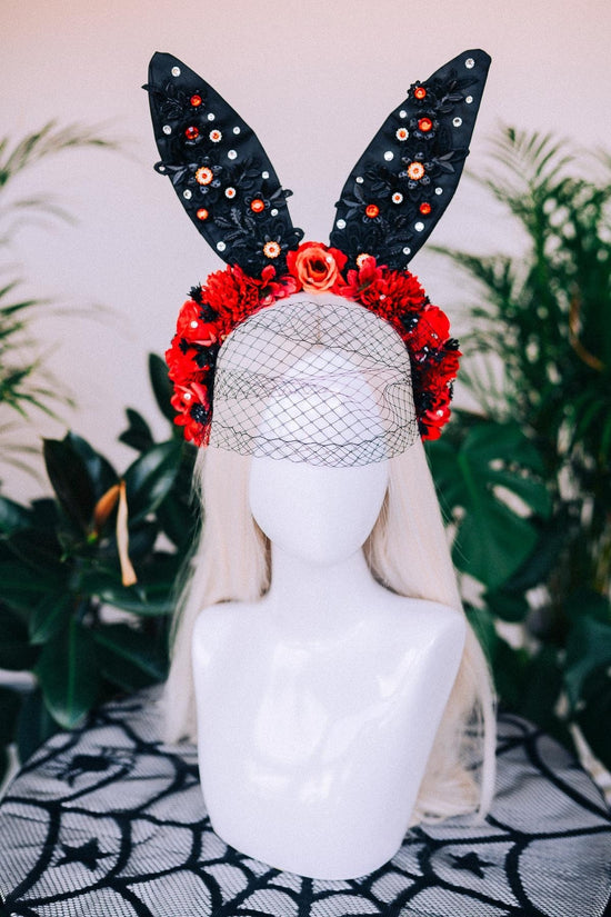 Black bunny crown, Halloween Costume, Rabbit costume, Carnival, Mardi gras, Cosplay, Halloween, Bunny Halloween costume, Red flower crown