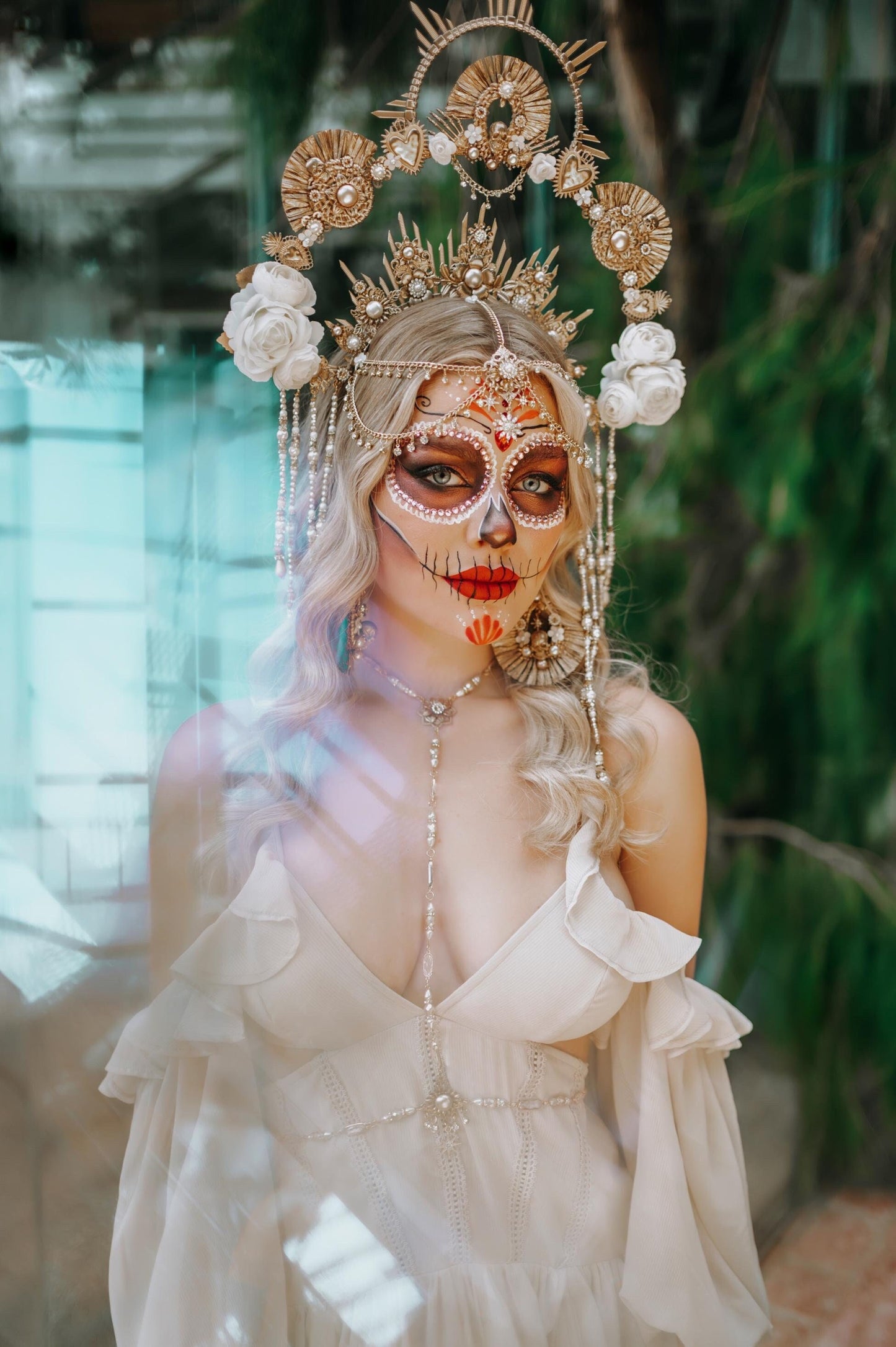 White boho La Catrina flower halo crown, Day of the Dead