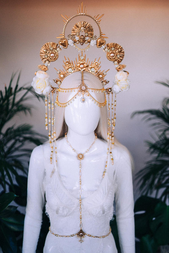 La Catrina harness, Pearl necklace, Festival harness, Festival fashion, Photo props, Belt, Sacred heart, Gold harness, Halloween costume