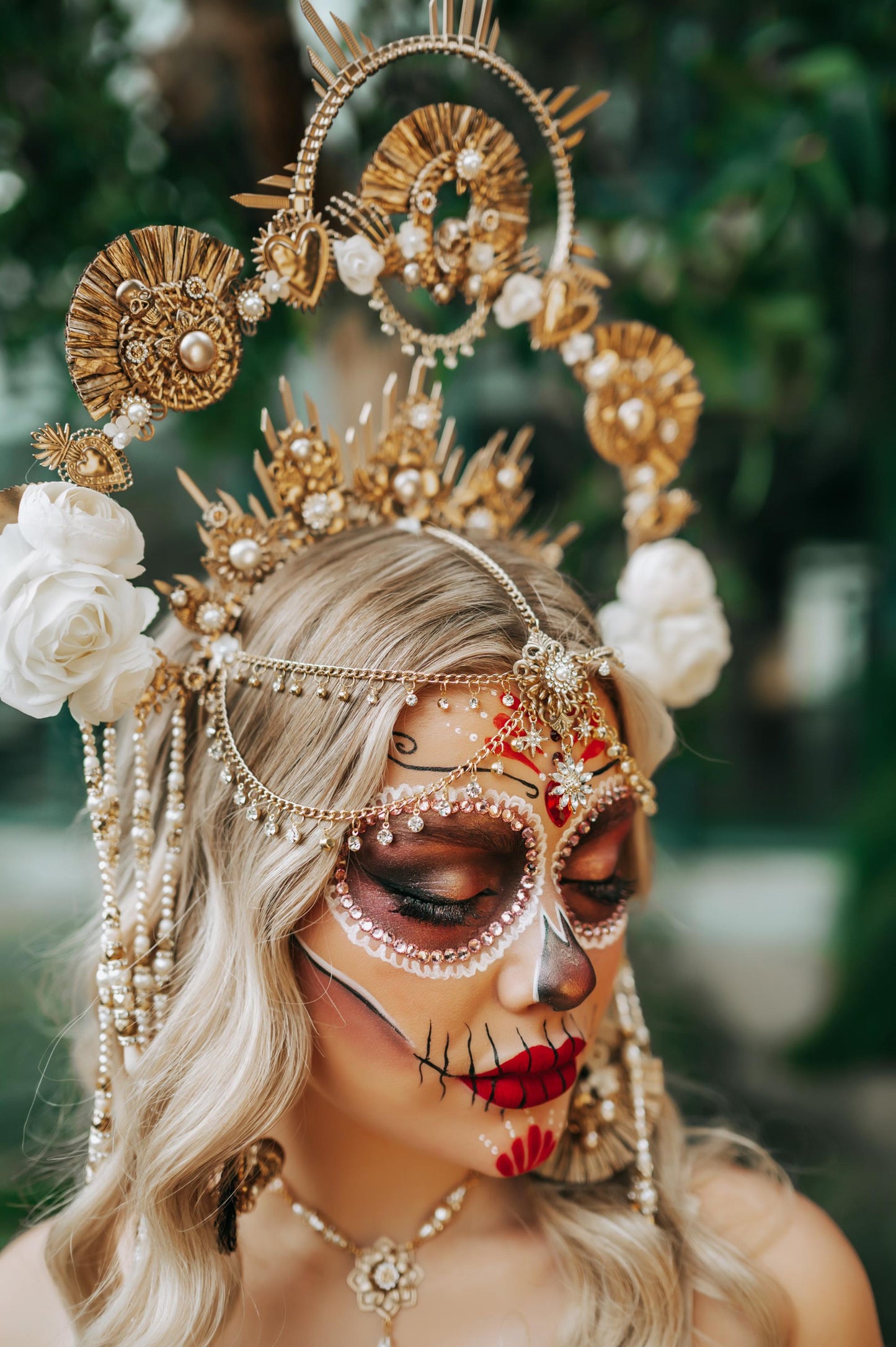 La Catrina flower earrings, Gold earrings, Handmade earrings, Boho style, Sugar skull earrings, La Catrina costume, Halloween costume