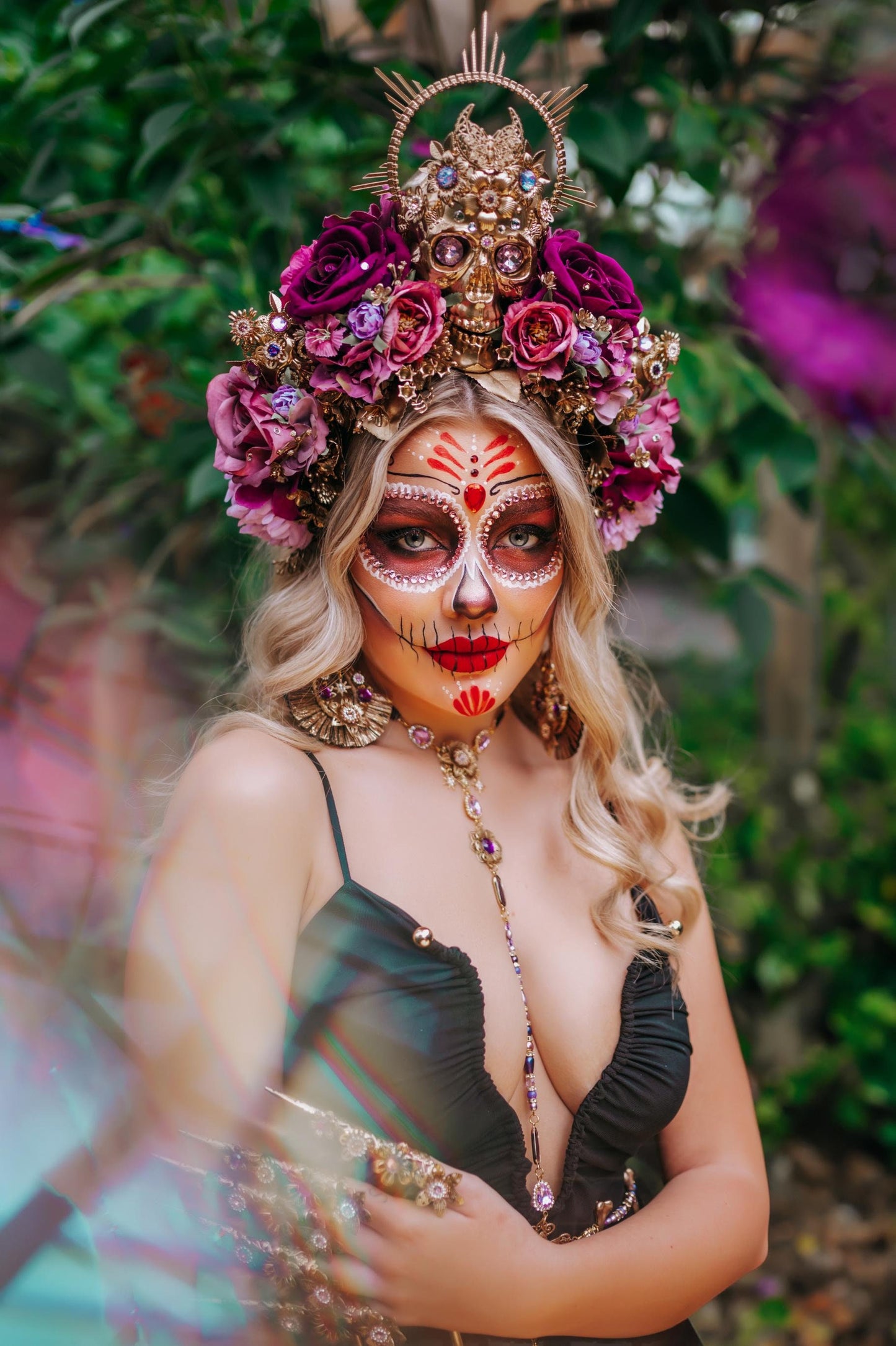 Purple Catrina flower crown with skull, Day of the dead