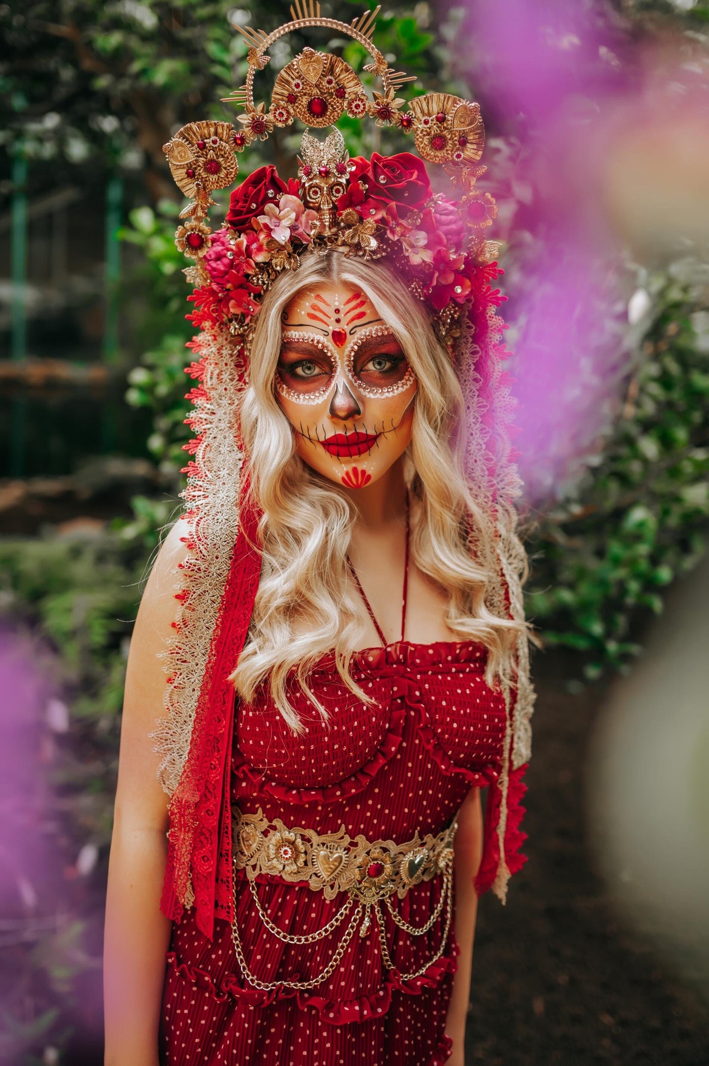 Burgundy Catrina flower crown, Day of the dead