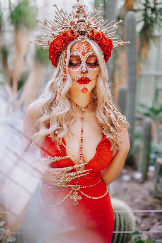 Red flower crown, Sugar skull, La Catrina flower crown, Halloween headband, Halloween costume, Day of the Dead headpiece, Flower crown