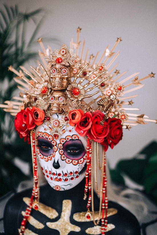 Red flower crown, Sugar skull, La Catrina flower crown, Halloween headband, Halloween costume, Day of the Dead headpiece, Flower crown