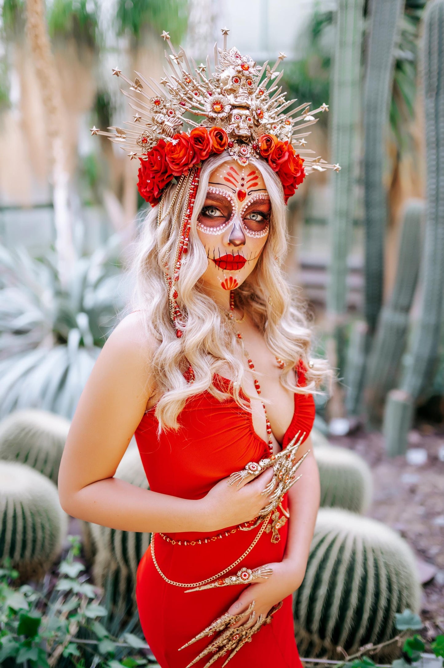 Red flower crown, Sugar skull, La Catrina flower crown, Halloween headband, Halloween costume, Day of the Dead headpiece, Flower crown