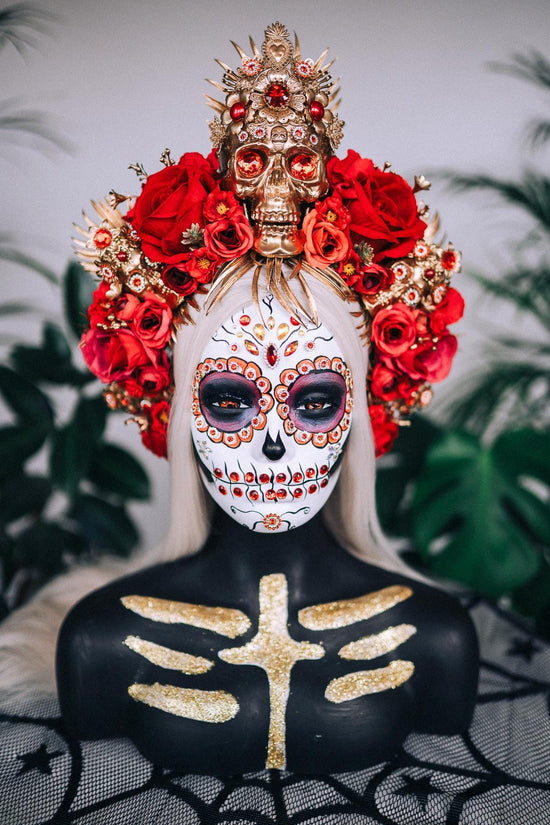 Red flower crown, Sugar skull, La Catrina flower crown, Halloween headband, Halloween costume, Day of the Dead headpiece, Flower crown