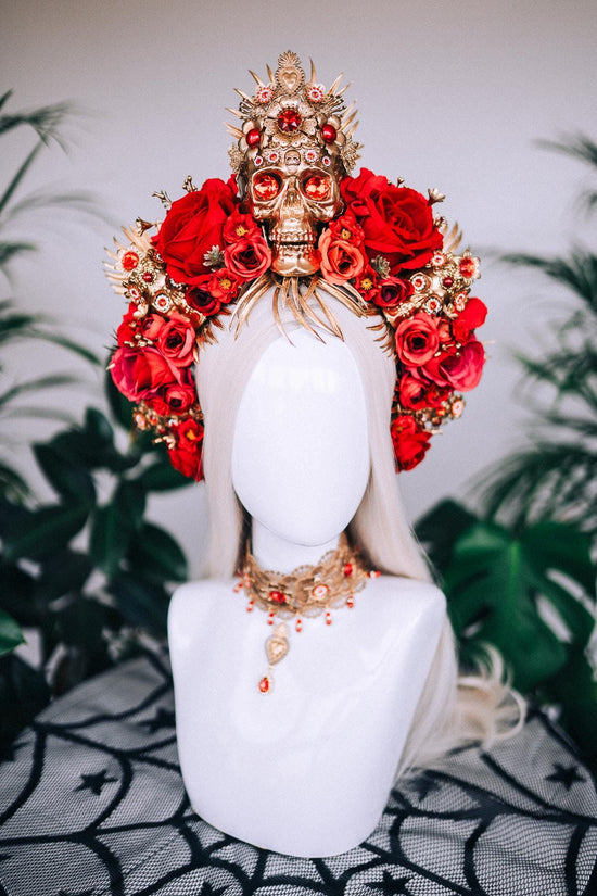 Red flower crown, Sugar skull, La Catrina flower crown, Halloween headband, Halloween costume, Day of the Dead headpiece, Flower crown