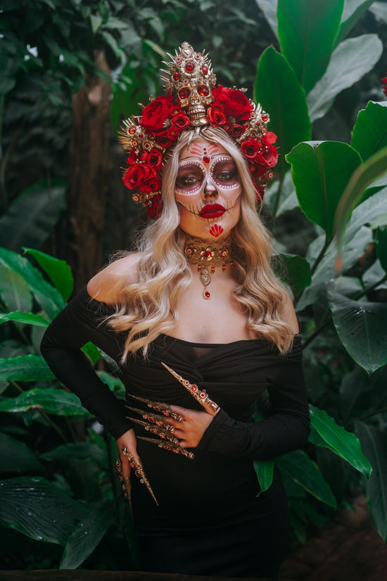 Red flower crown, Sugar skull, La Catrina flower crown, Halloween headband, Halloween costume, Day of the Dead headpiece, Flower crown