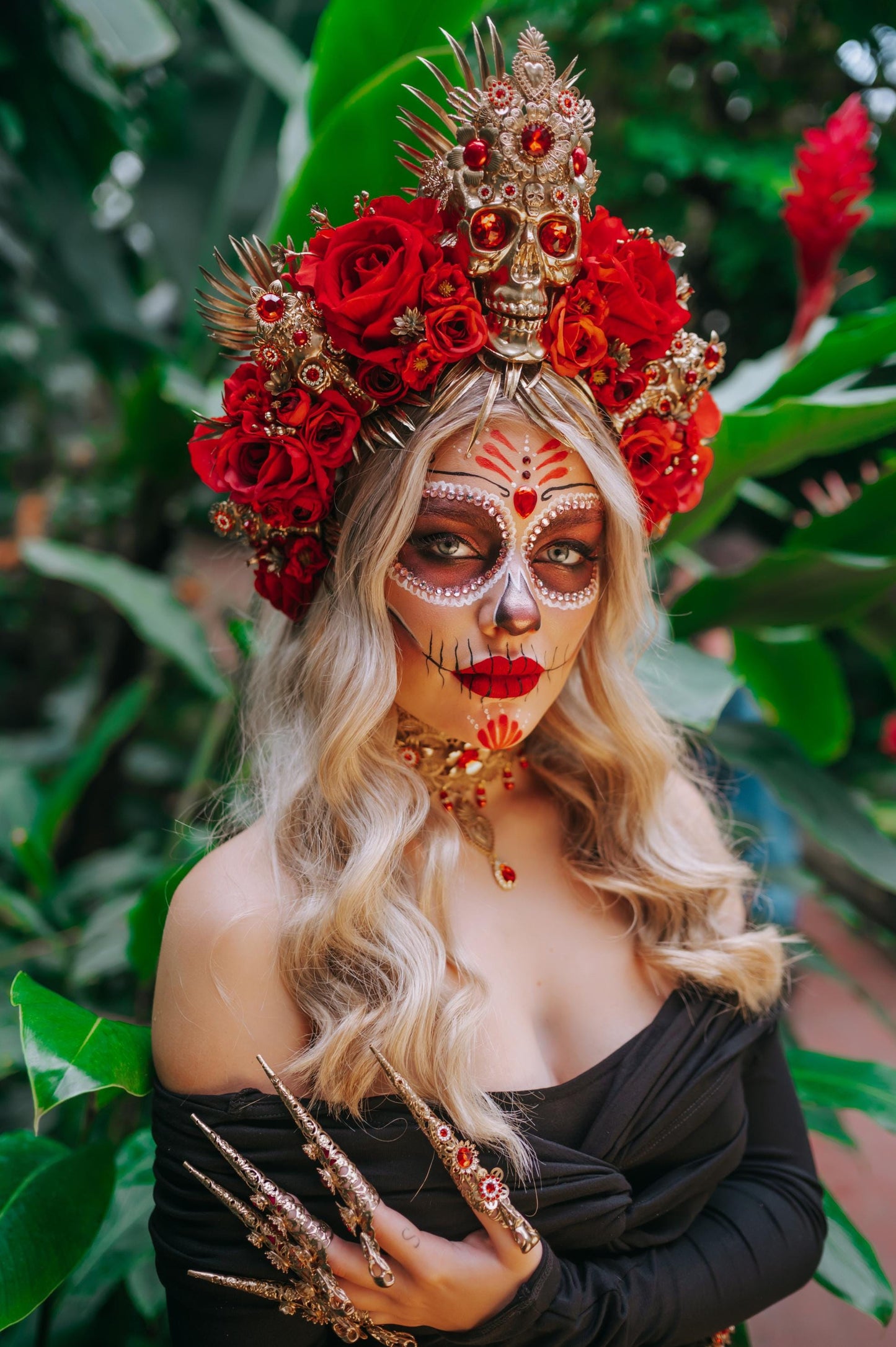 Red flower crown, Sugar skull, La Catrina flower crown, Halloween headband, Halloween costume, Day of the Dead headpiece, Flower crown