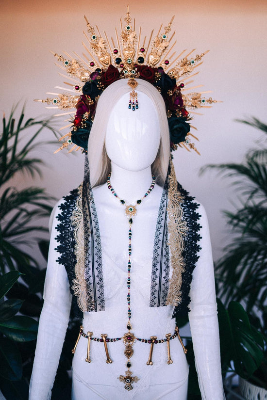 La Catrina harness, Pearl necklace, Festival harness, Festival fashion, Photo props, Belt, Sacred heart, Gold harness, Halloween costume