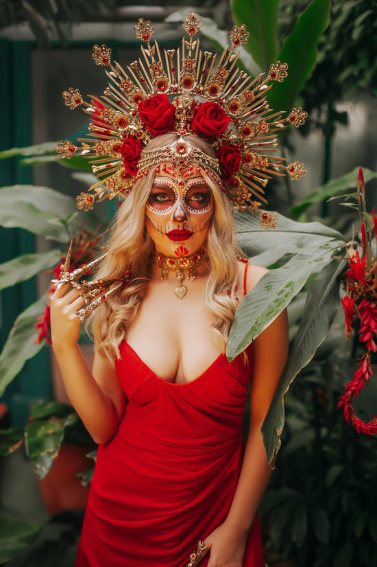 Red flower halo crown, Sugar skull, La Catrina flower crown, Halloween headband, Halloween costume, Day of the Dead headpiece, Flower crown