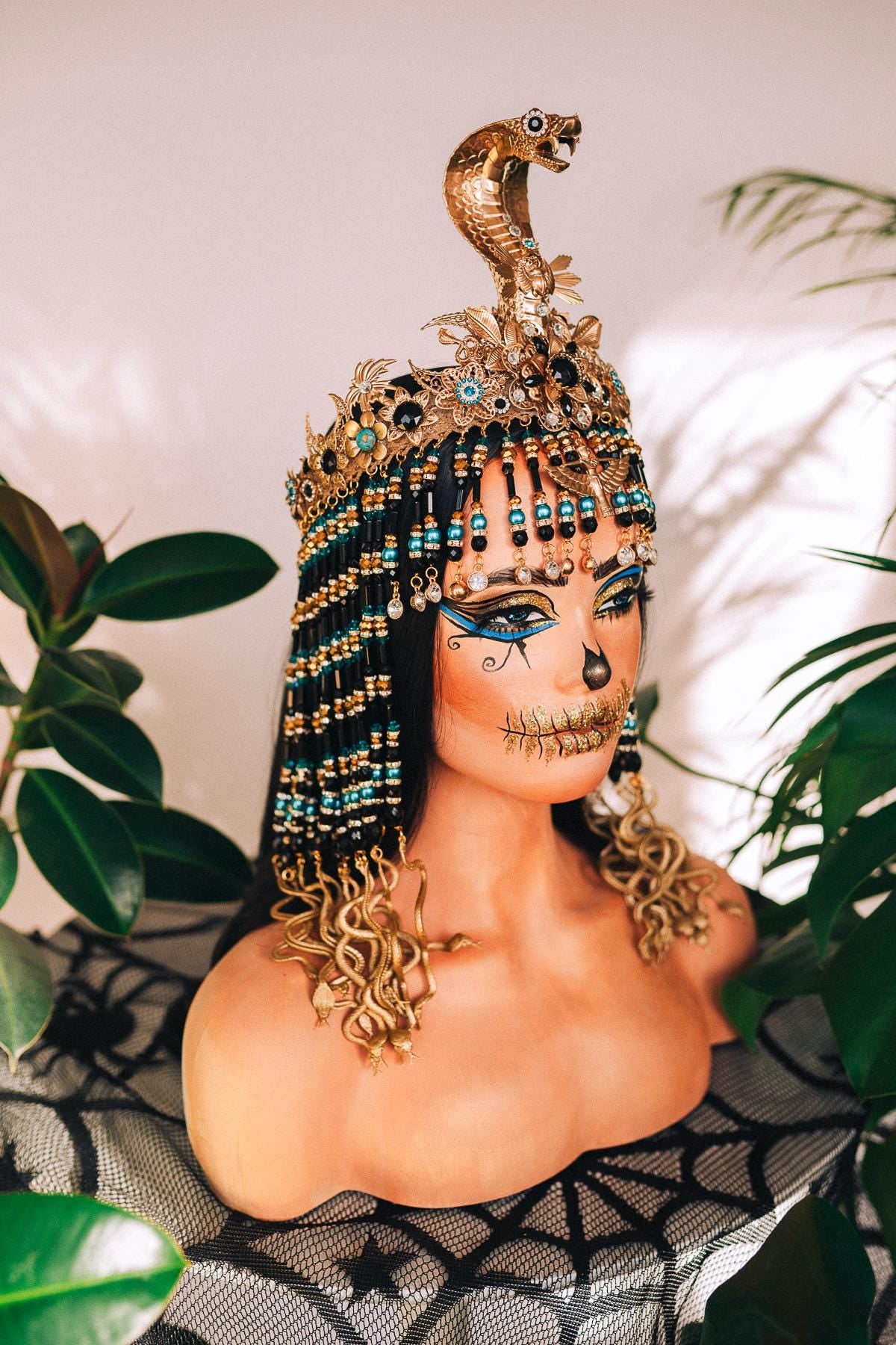 Cleopatra Black Crown, Egyptian Turquoise Crown, Carnival Cleopatra Crown, Mardi Gras Headpiece, Halloween Crown, Regal Egyptian Costume