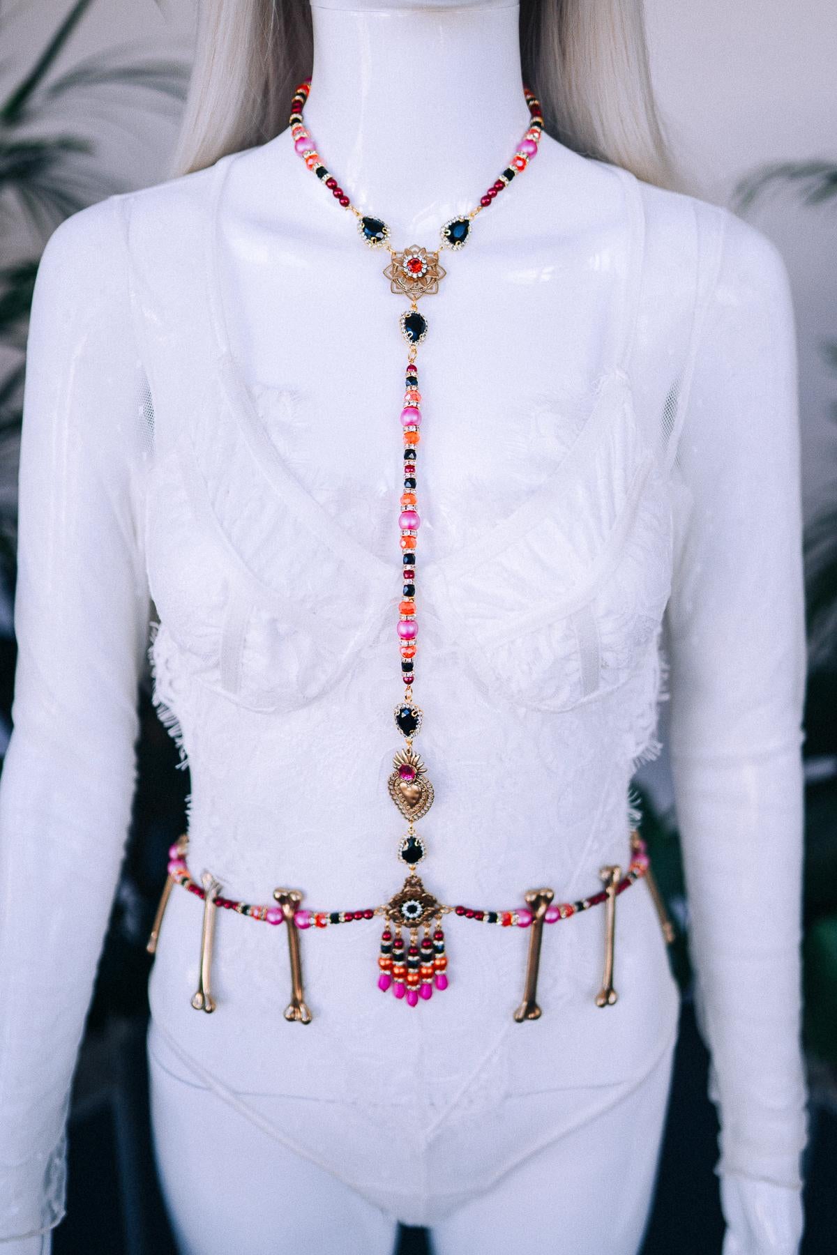 La Catrina harness, Pearl necklace, Festival harness, Festival fashion, Photo props, Belt, Sacred heart, Gold harness, Halloween costume