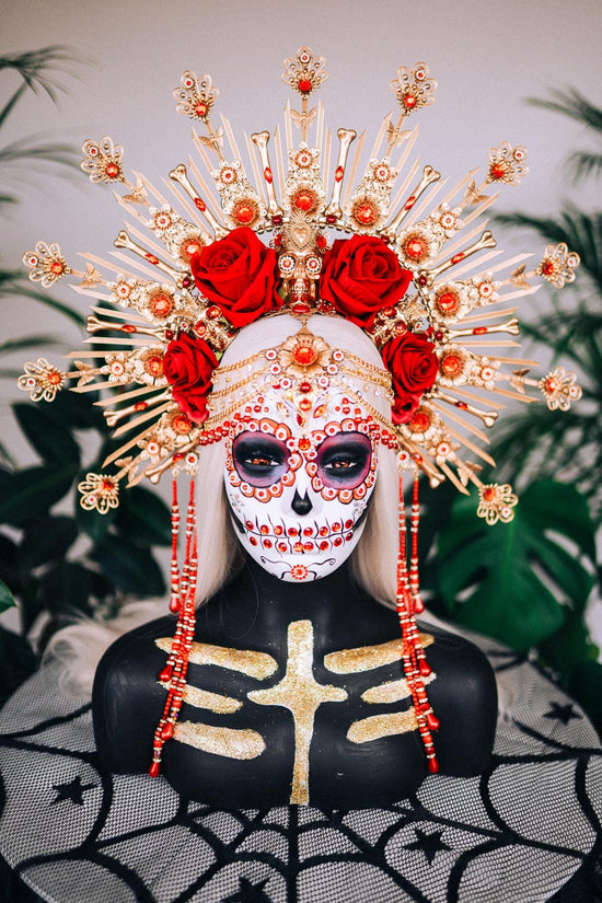 Red flower halo crown, Sugar skull, La Catrina flower crown, Halloween headband, Halloween costume, Day of the Dead headpiece, Flower crown