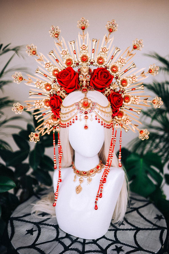 Red flower halo crown, Sugar skull, La Catrina flower crown, Halloween headband, Halloween costume, Day of the Dead headpiece, Flower crown