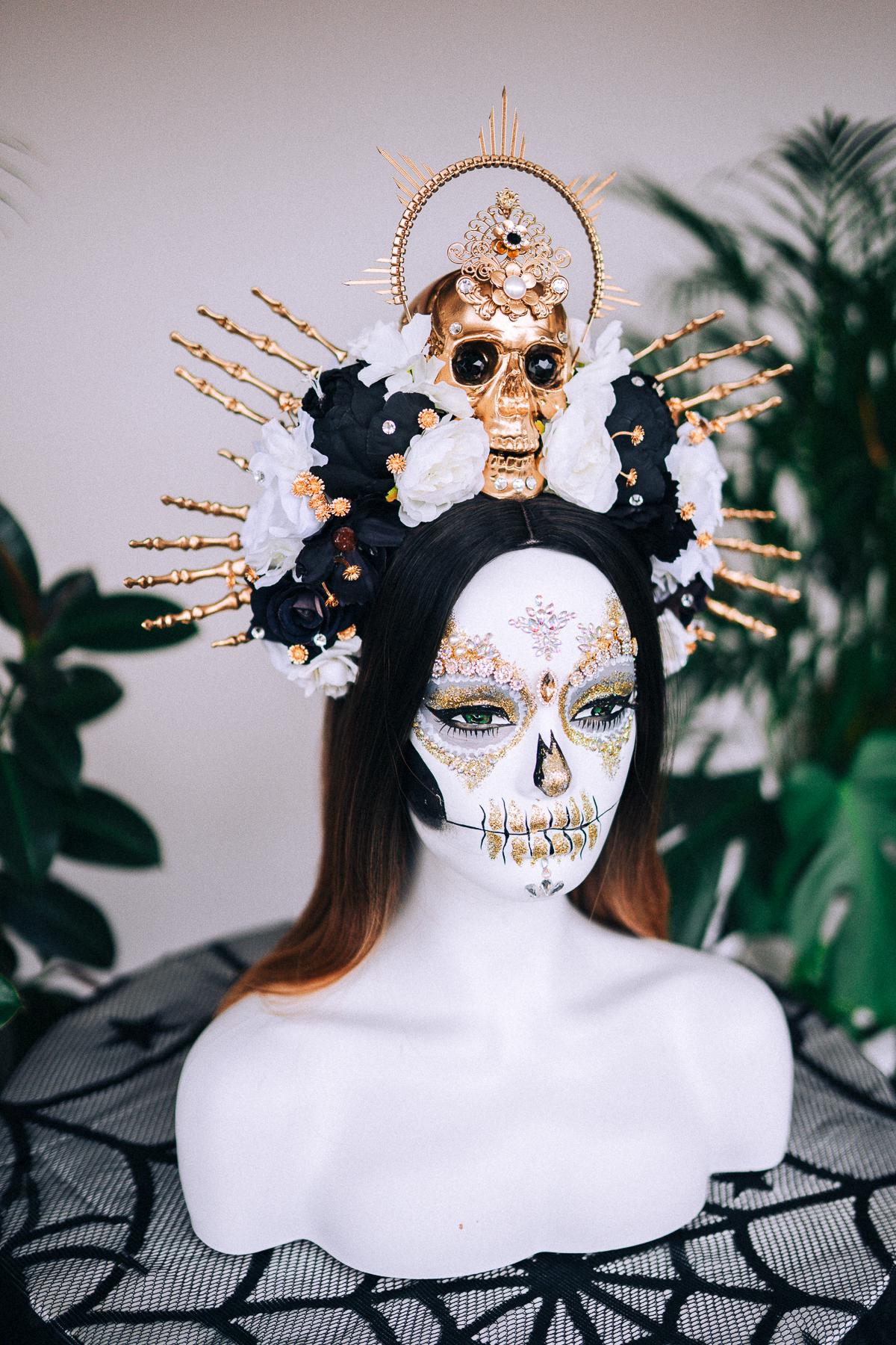 Black and white  flower crown, Sugar skull, La Catrina flower crown, Halloween costume, Flower headpiece, Day of the Dead headpiece