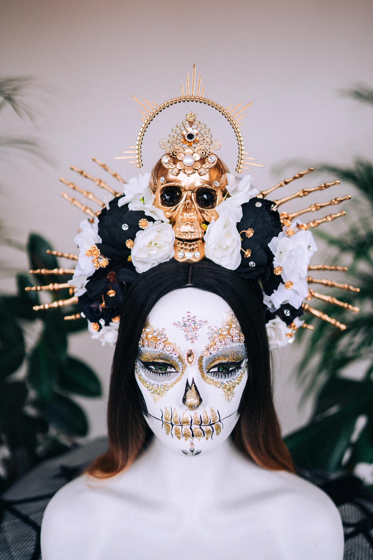 Black and white  flower crown, Sugar skull, La Catrina flower crown, Halloween costume, Flower headpiece, Day of the Dead headpiece