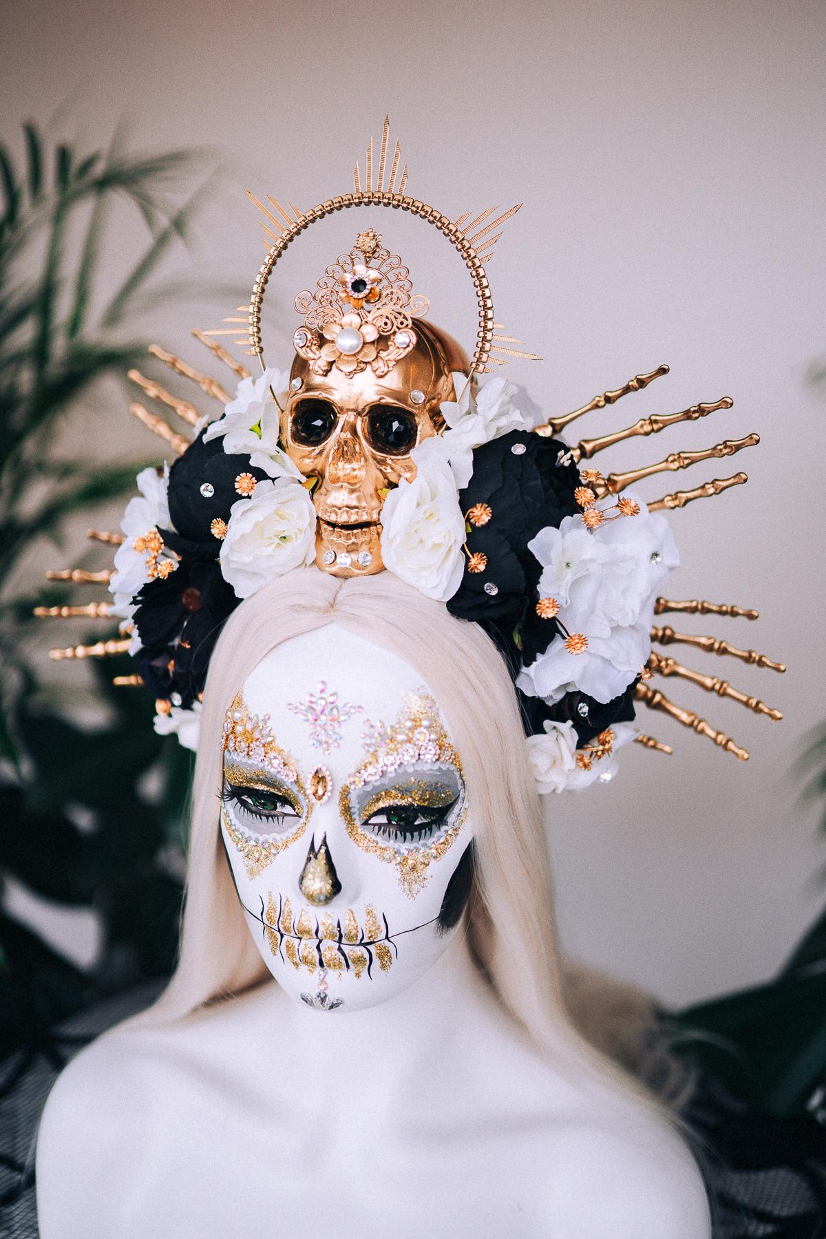 Black and white  flower crown, Sugar skull, La Catrina flower crown, Halloween costume, Flower headpiece, Day of the Dead headpiece