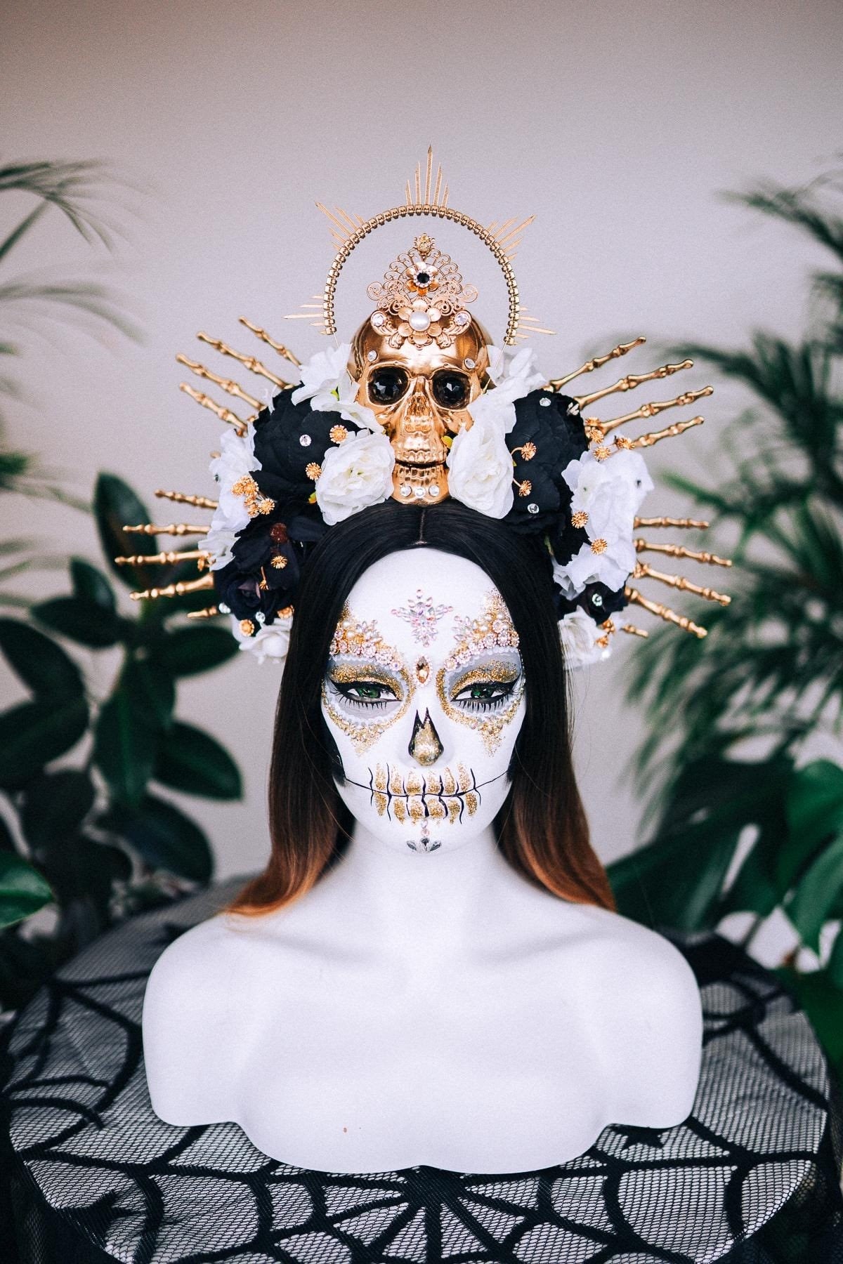 Black and white  flower crown, Sugar skull, La Catrina flower crown, Halloween costume, Flower headpiece, Day of the Dead headpiece