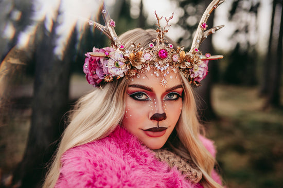 Pink deer flower crown, Flower crown with antlers, Gold boho crown, Deer costume Halloween, Reindeer crown, Fairy crown, Elf tiara