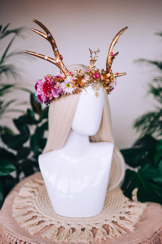 Pink deer flower crown, Flower crown with antlers, Gold boho crown, Deer costume Halloween, Reindeer crown, Fairy crown, Elf tiara