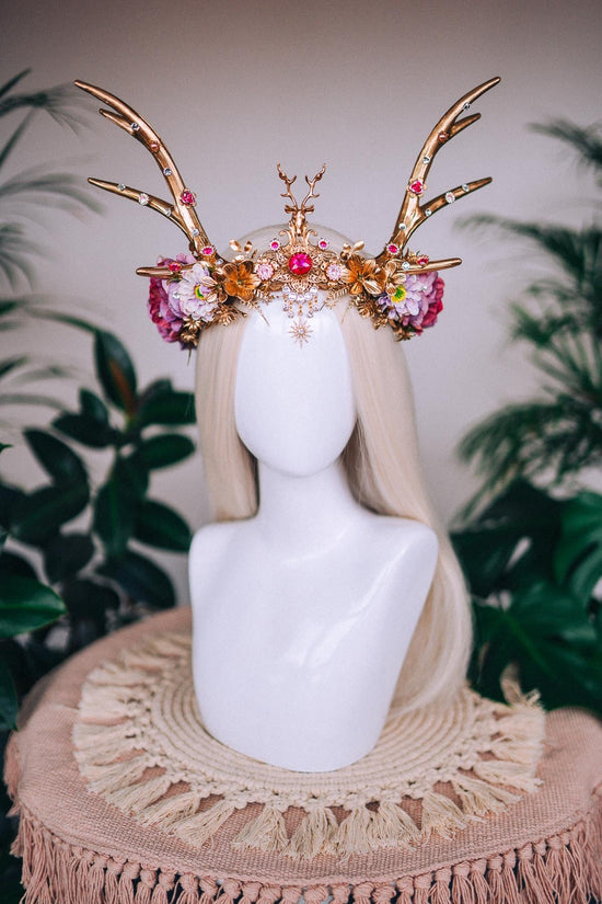 Pink deer flower crown, Flower crown with antlers, Gold boho crown, Deer costume Halloween, Reindeer crown, Fairy crown, Elf tiara