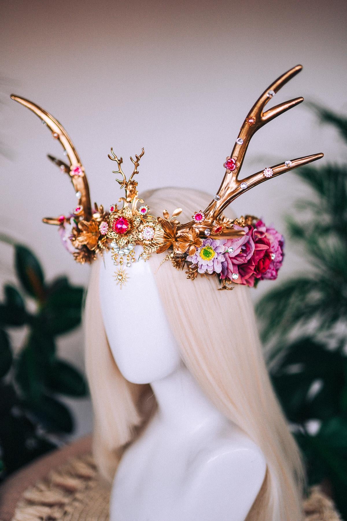 Pink deer flower crown, Flower crown with antlers, Gold boho crown, Deer costume Halloween, Reindeer crown, Fairy crown, Elf tiara