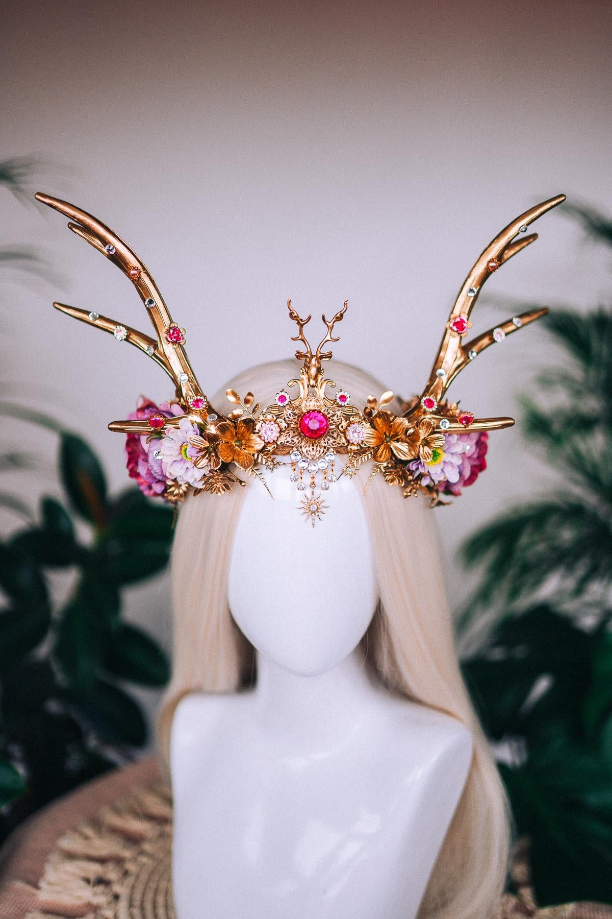 Pink deer flower crown, Flower crown with antlers, Gold boho crown, Deer costume Halloween, Reindeer crown, Fairy crown, Elf tiara