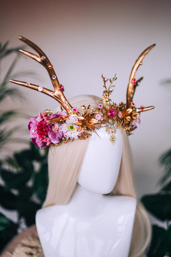 Pink deer flower crown, Flower crown with antlers, Gold boho crown, Deer costume Halloween, Reindeer crown, Fairy crown, Elf tiara