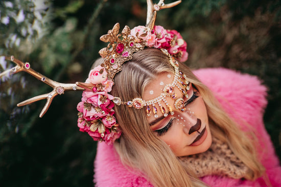 Deer flower crown with stones, Flower crown with antlers, Gold boho crown, Deer costume Halloween, Reindeer crown, Fairy crown, Elf tiara