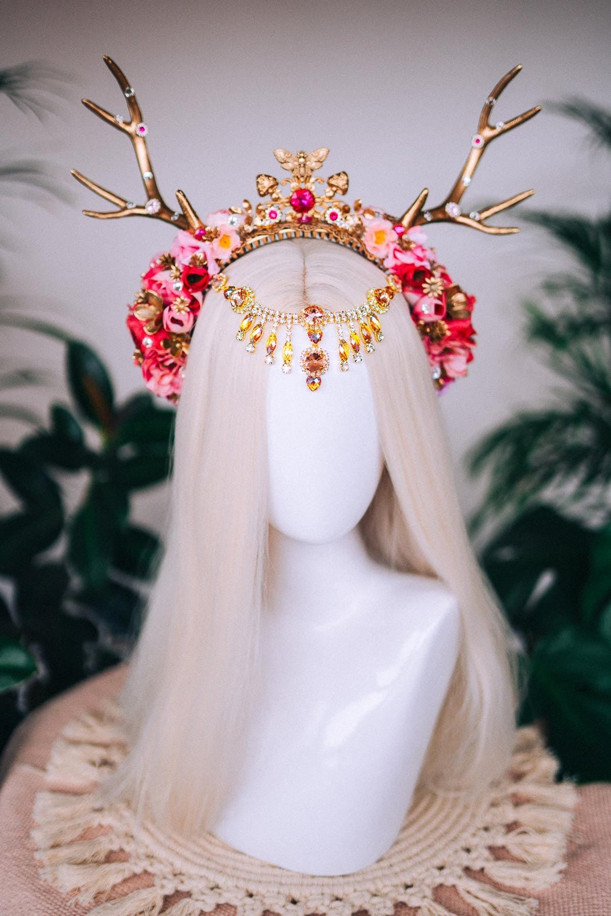 Deer flower crown with stones, Flower crown with antlers, Gold boho crown, Deer costume Halloween, Reindeer crown, Fairy crown, Elf tiara