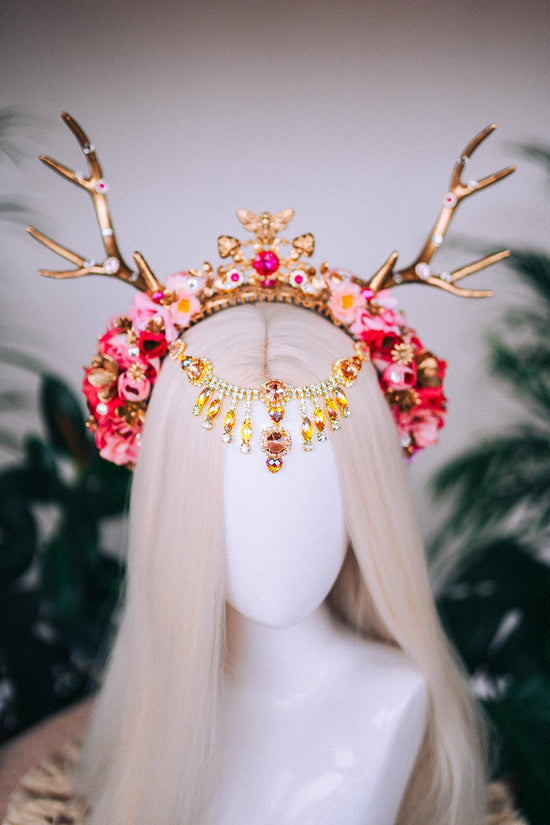 Deer flower crown with stones, Flower crown with antlers, Gold boho crown, Deer costume Halloween, Reindeer crown, Fairy crown, Elf tiara